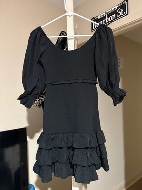 DO+BE Black Puff Sleeve Mini Dress with Tiered Ruffle Skirt